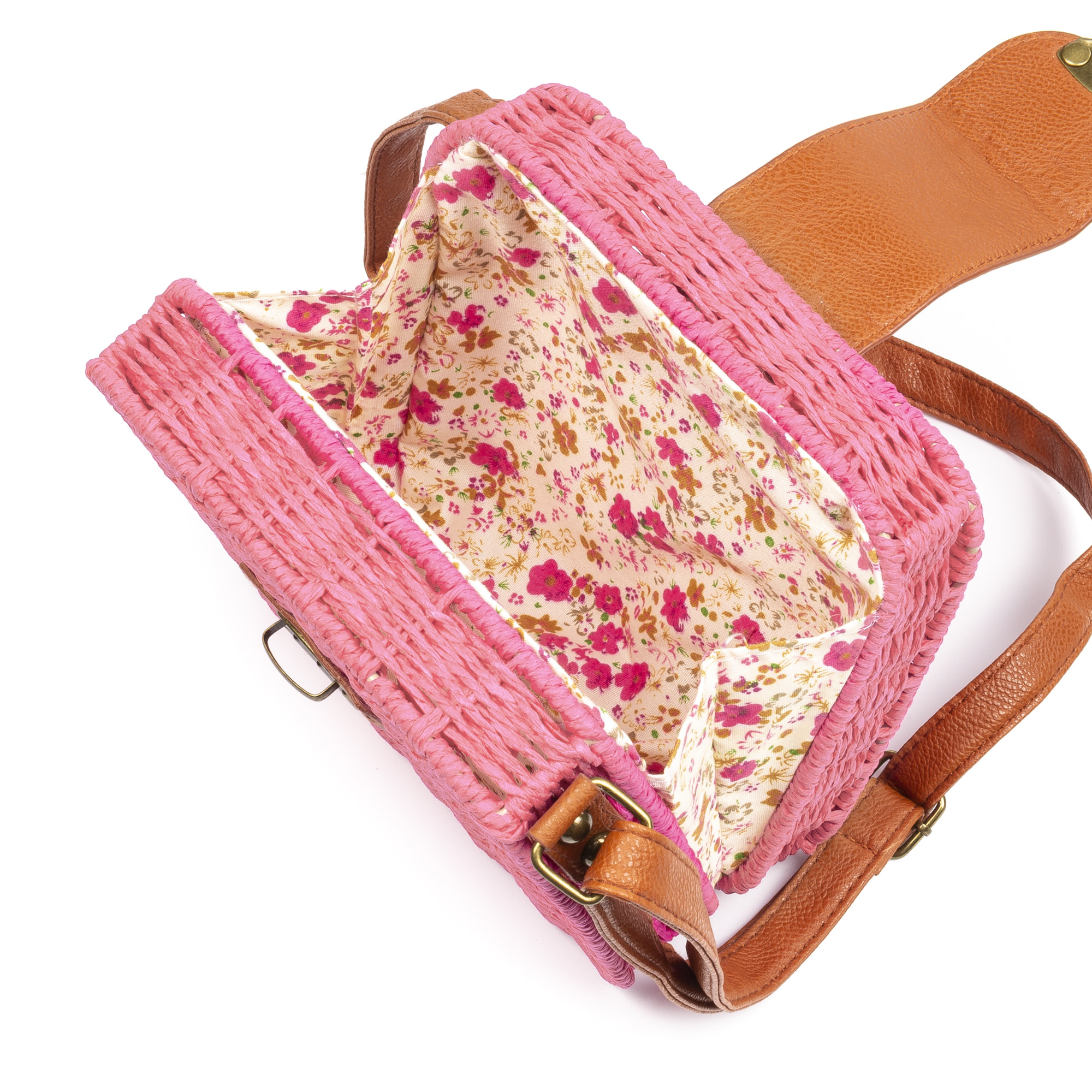 IRIA QUINTANA Borsa a tracolla da donna Empoli. Tessuto di paglia in pelle sintetica PU. 18x7x17cm. Colore: rosa chiaro