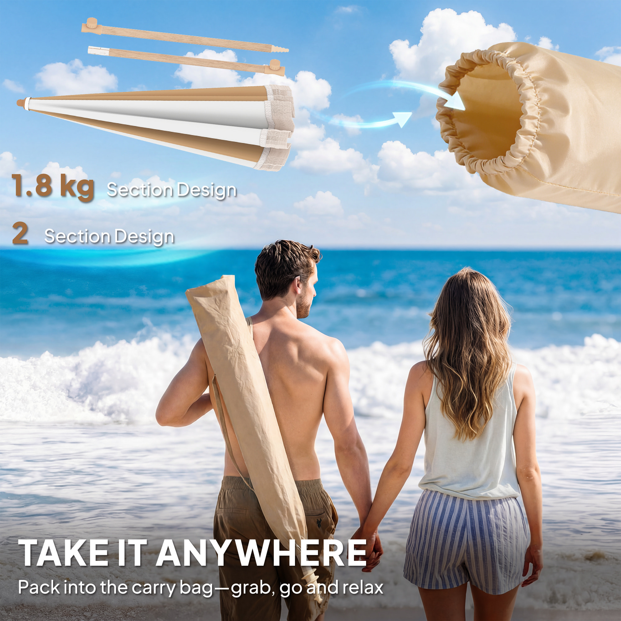 Parasol de plage inclinable à franges dia. 1,7 m beige blanc