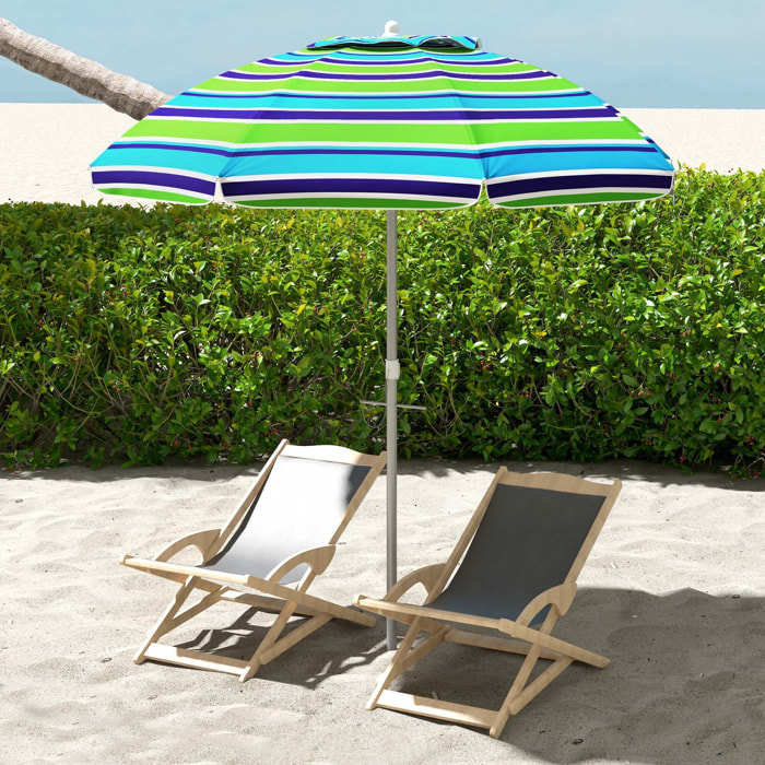 Sombrilla de Playa Ø178x205 cm Parasol para Terraza con Reclinación 45° Altura Ajustable Apertura Manual Anti-UV Impermeable y Bolsa de Transporte para Jardín Piscina Multicolor