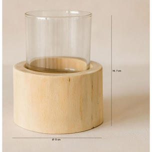 Photophore en verre avec base en teck