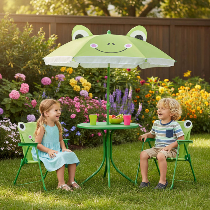 Well Home Conjunto jardín niños 4 piezas (mesa + 2 sillas + paraguas) diseño Rana, plegable y ligero