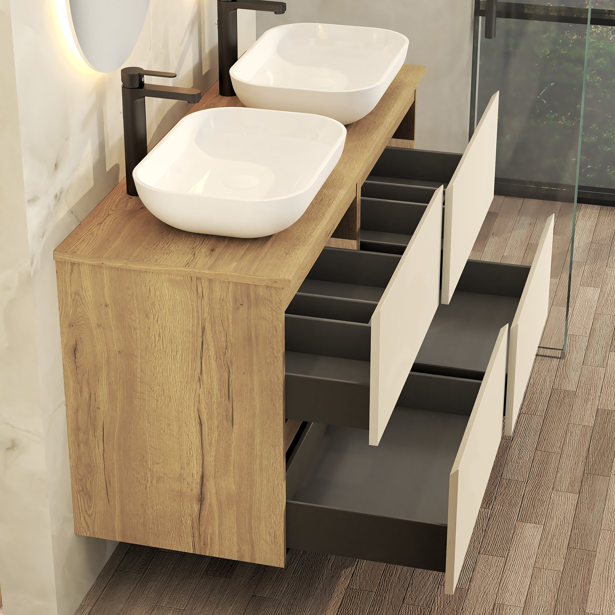 ENSEMBLE DE SALLE DE BAIN NIA | MEUBLE SUSPENDU | 120 CM GLACIER | QUATRE TIROIRS |LAVABO SUR PLAN | MIROIR NON INCLUS | MEUBLE MONTÉ | ALDAY