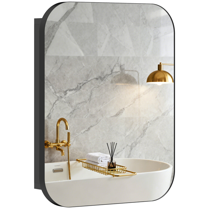Armario de Baño con Espejo, Diseño con Bordes Curvados, Armario de Pared, Mueble de Baño Colgar, Estantes Ajustables, 40,2x10,2x50,9 cm, Negro