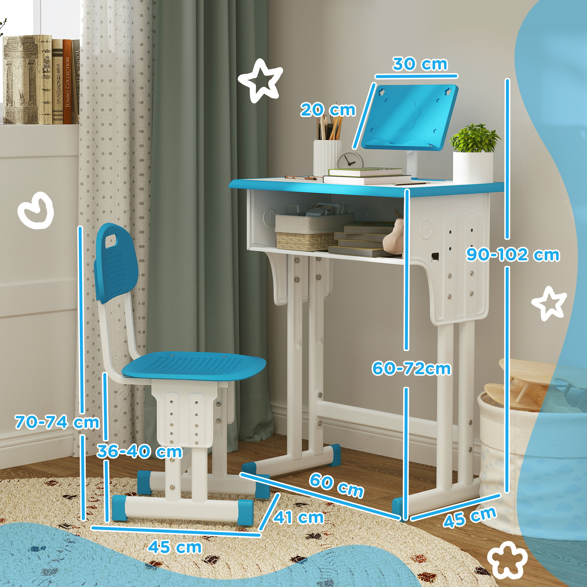 Juego de Escritorio y Silla para Niños de 6-12 Años Pupitre Infantil Altura Ajustable con 1 Cajón 1 Ranura para Lápiz y 1 Estante para Libros Acero 60x45x90-102 cm Azul