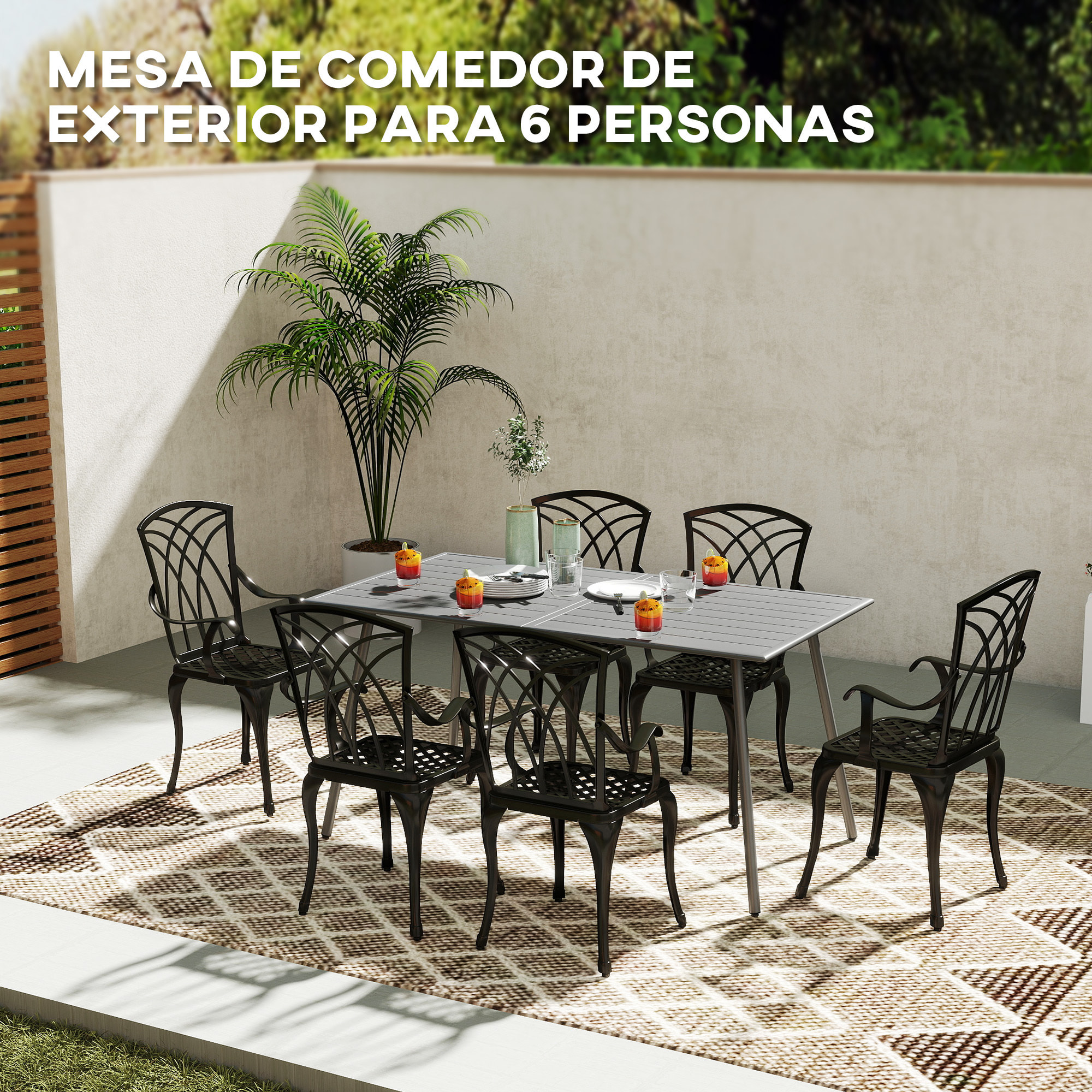 Mesa Jardín Exterior Rectangular de Acero 150x80x74 cm Mesa Terraza Exterior con Diseño en Lamas Resistente a la Intemperie Fácil de Limpiar Gris Oscuro