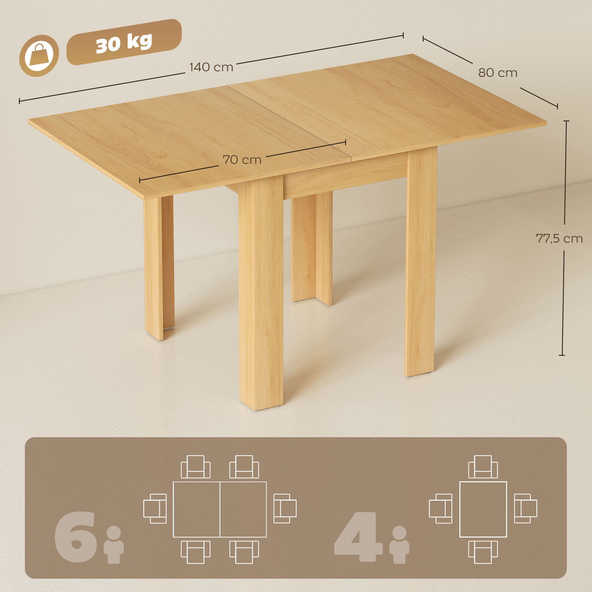 Mesa de Comedor Extensible, 70-140x80 cm, Mesa de Cocina Extensible, para 4-6 Personas, con Almohadillas de Fieltro, para Espacios Pequeños, Salón, Madera Natural