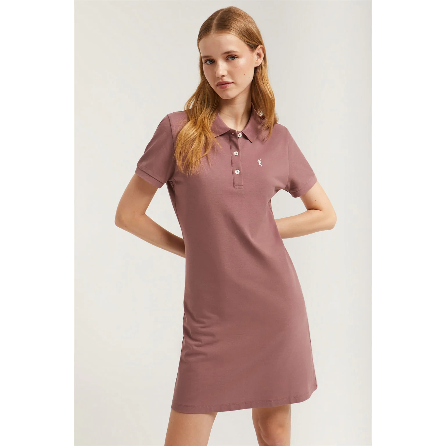 Vestido polero manga corta taupe con bordado Rigby Go