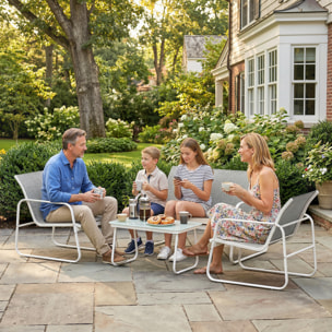 Conjunto Jardín Exterior de 4 Piezas, Muebles Jardín Exterior con Sofá de 2 Plazas, 2 Sillones, Mesa de Vidrio Templado, Tela de Textilene Transpirable, Estructura de Acero, Gris Claro