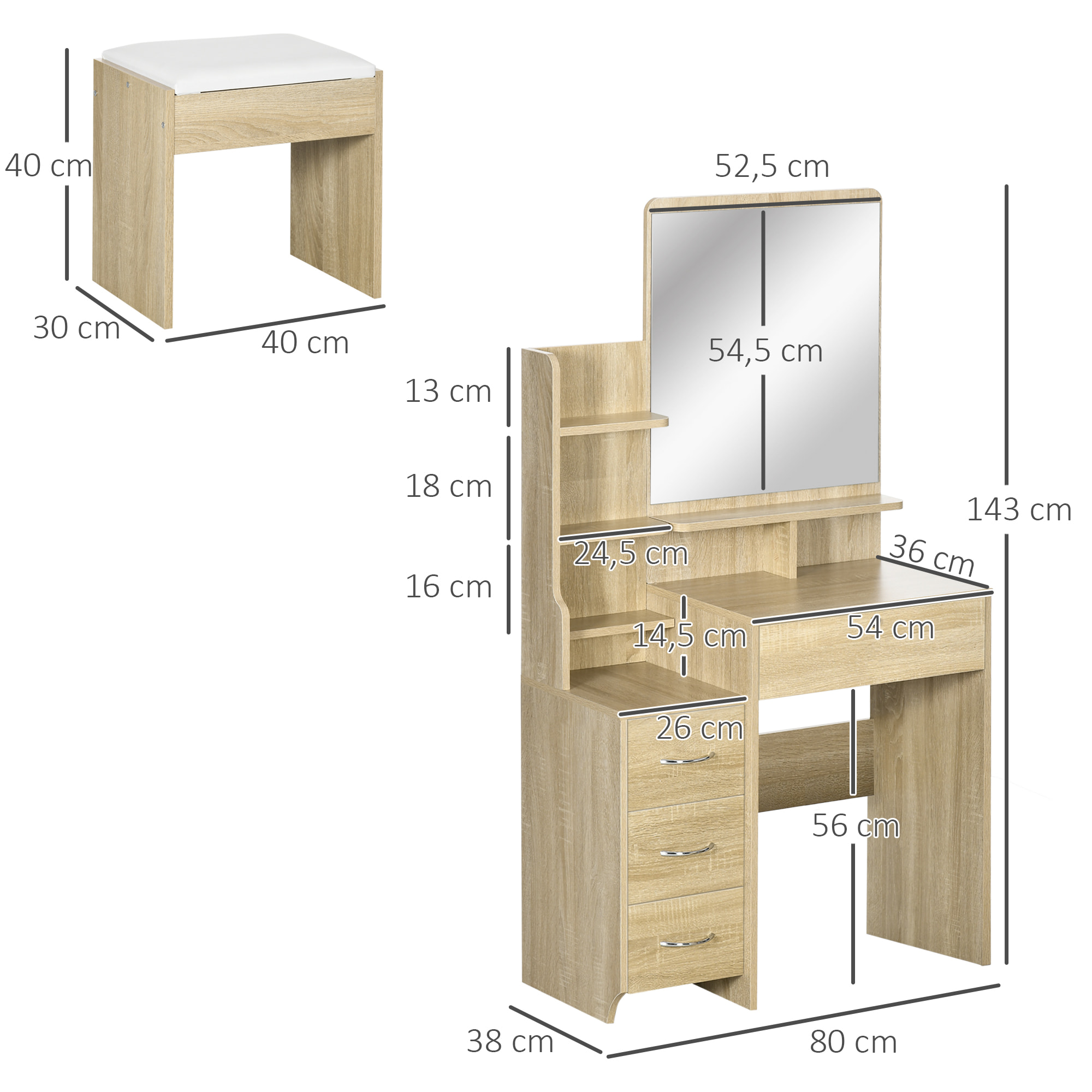 Tocador de Maquillaje con Taburete, Tocador con Espejo, 4 Cajones, Estantes, Compartimentos Abiertos, Estilo Moderno, para Dormitorio, Vestidor, 80x38x143 cm, Natural