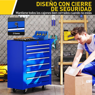 Carro de Herramientas con 7 Cajones, Carro de Taller con Cerradura, Asa, 2 Ruedas con Freno de Bloqueo, para Garaje, Hogar, Azul