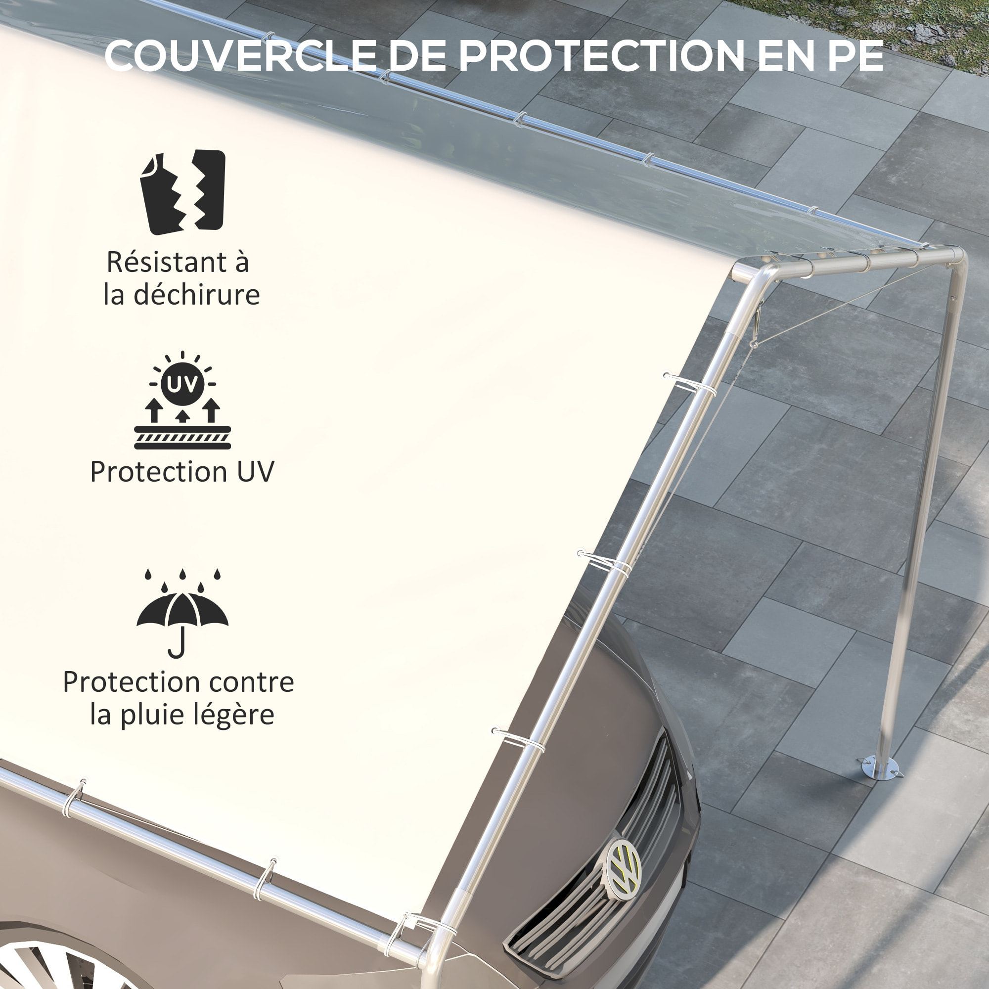 Toile de rechange carport auvent voiture dim. 6L x 3l m tendeurs élastiques inclus PE haute densité blanc