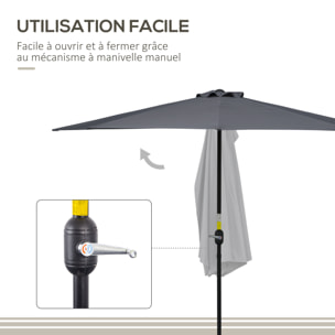 Demi parasol - parasol de balcon 5 entretoises métal - 2,93 x 1,5 x 2,49 m - polyester haute densité gris