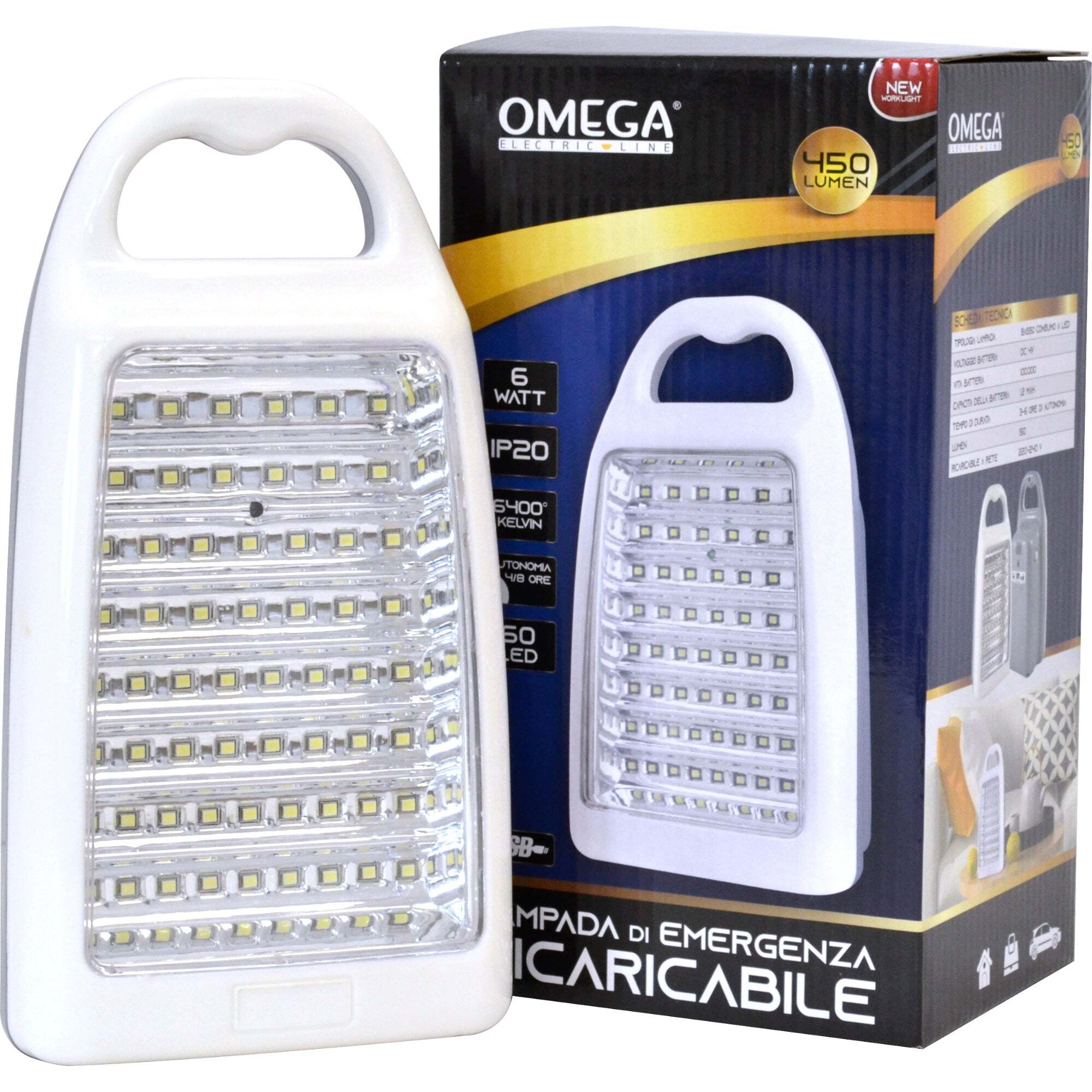 OMEGA Lampada Emergenza 60 LED 6W 450 Lumen Batteria Litio