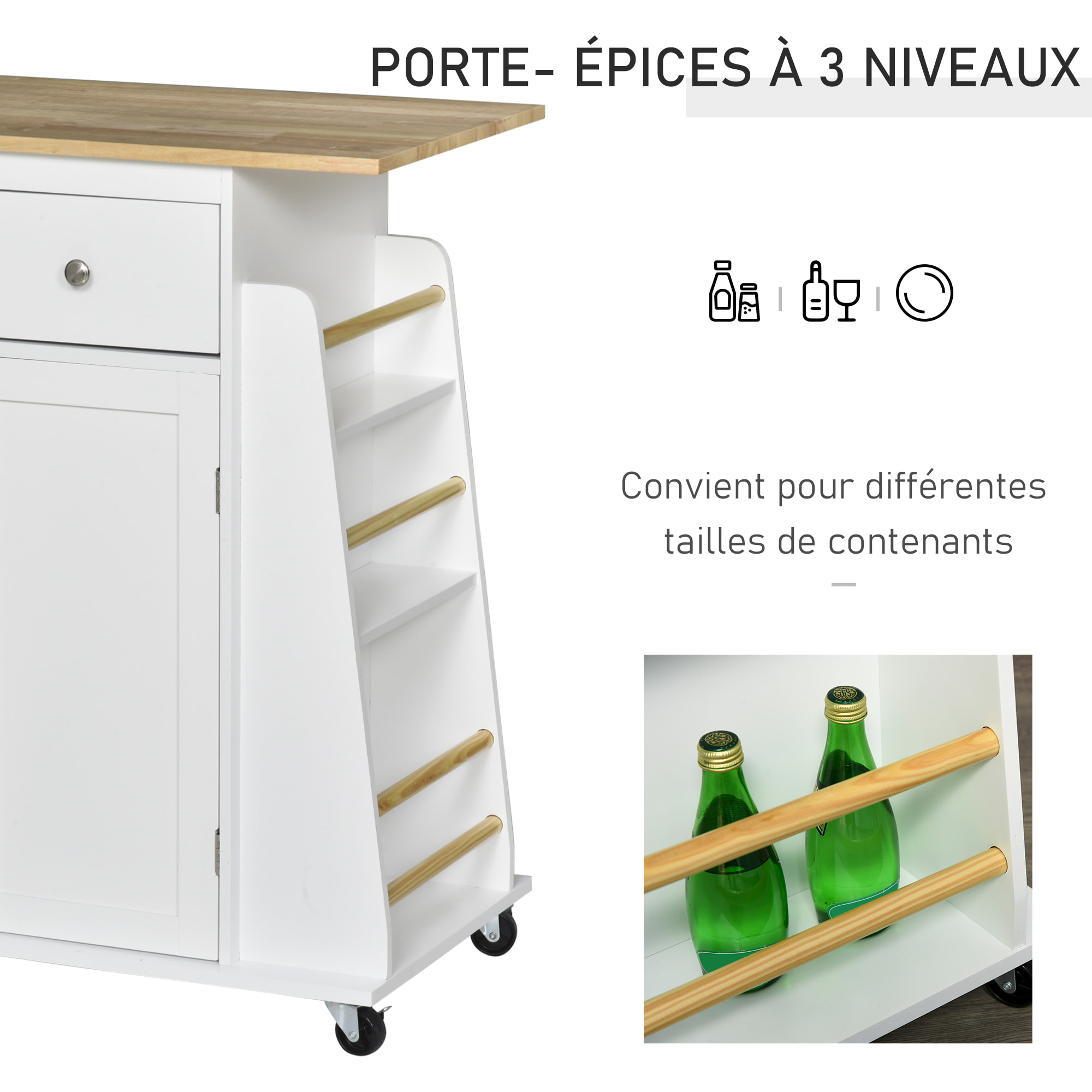 Desserte de cuisine multi rangements MDF hévéa