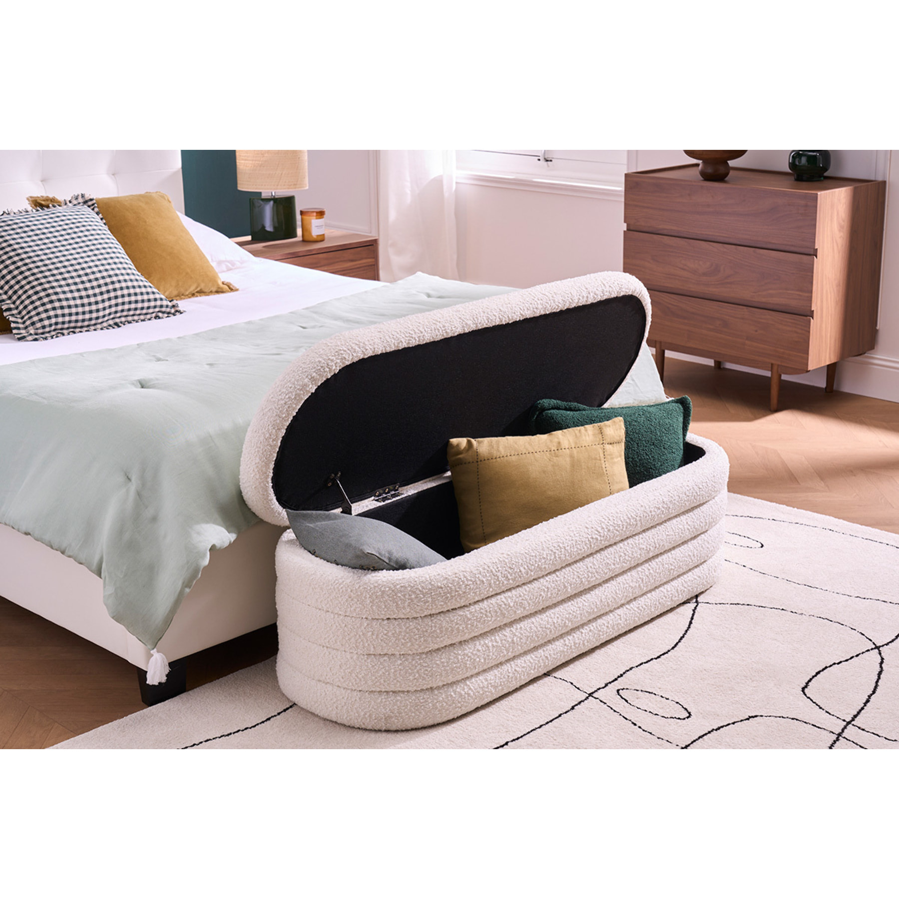 Banc coffre en tissu effet laine bouclée blanc L125 cm NAVY