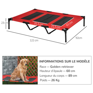 Lit sur pieds XXL pour chien chat lit de camp animal lit surélevé Oxford textilène micro-perforé dim. 122L x 92l x 23H cm rouge