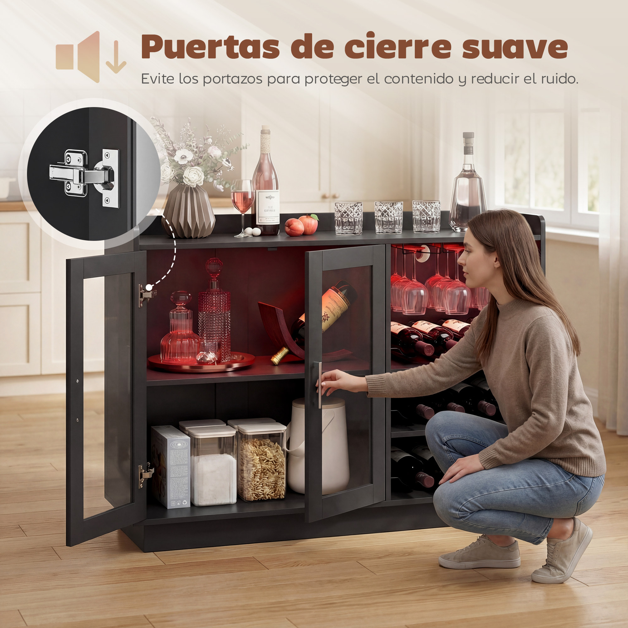 Mueble de Bar, Armario Buffet para Vinos con Luces LED RGB y Botellero para 12 Botellas, Aparador de Cocina con Estante Ajustable y Puertas de Cierre Suave, para Comedor, Salón, Negro