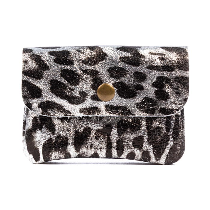 Alpignano monedero mujer. Piel auténtica Gamuza, diseño animal print leopardo, lacada brillante.