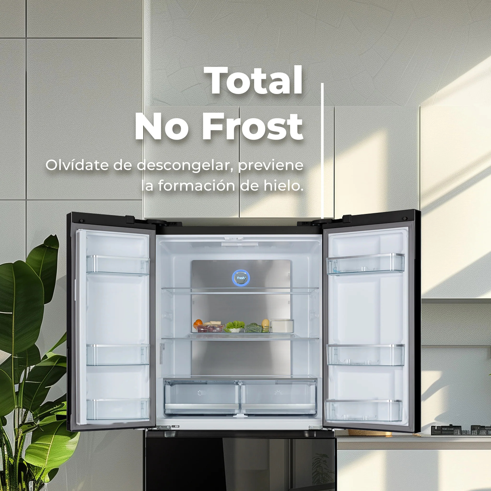 EVVO Frigorífico francés F80B Glass, Inverter, Puerta de cristal, Total No Frost, 327l + 183l