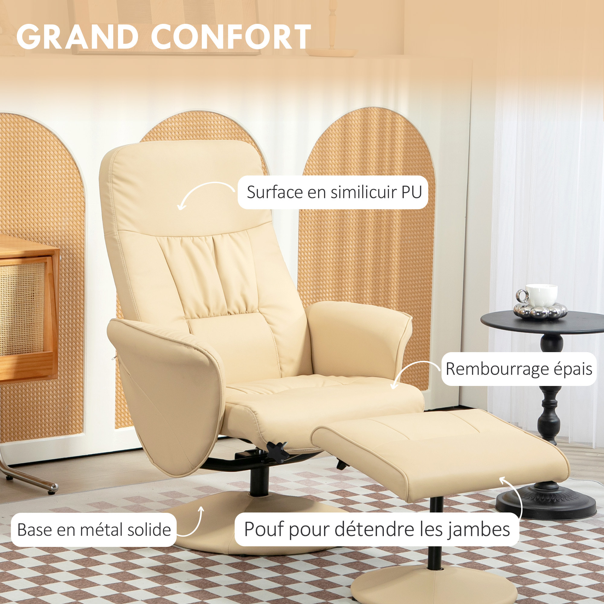 Fauteuil relax inclinable pivotant style contemporain avec repose-pied revêtement synthétique beige