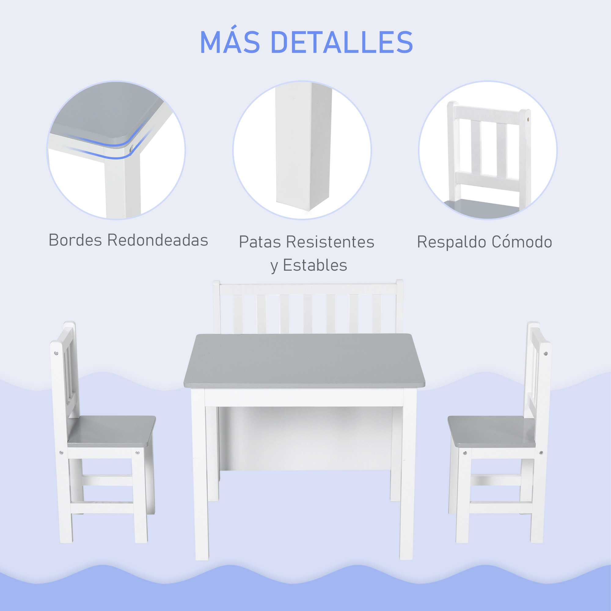 Mesa y Sillas Infantiles de 4 Piezas Mesa Infantil con 2 Sillas y Banco con Almacenaje Juego de Muebles para Actividades para Niños de +3 Años para Dormitorio Sala de Juegos Gris y Blanco