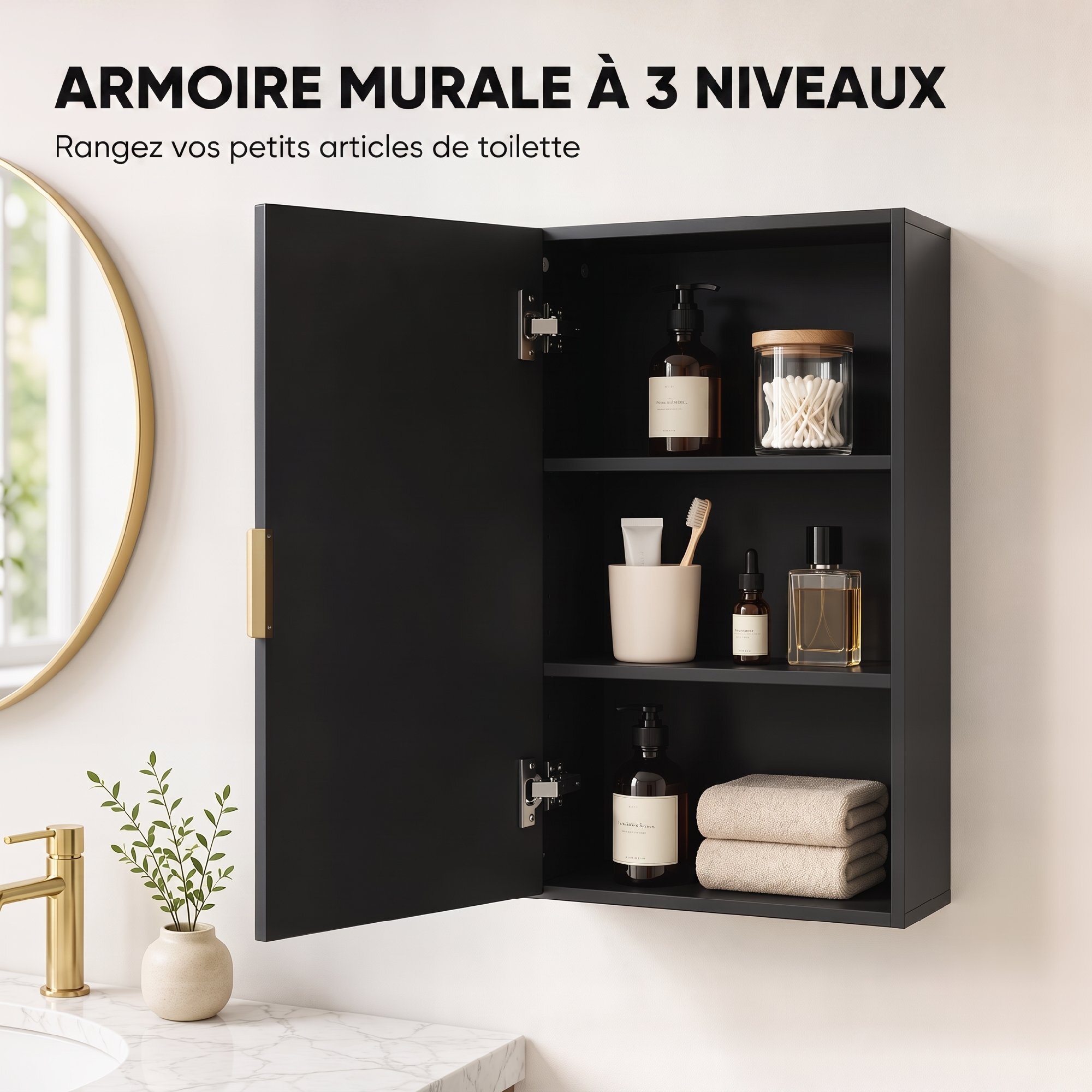Armoire murale de salle de bain - porte, 2 étagères - poignée métal doré MDF noir