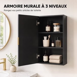 Armoire murale de salle de bain - porte, 2 étagères - poignée métal doré MDF noir