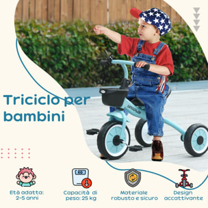 AIYAPLAY Triciclo per Bambini da 2-5 Anni con Seduta Regolabile e Campanello, 70.5x50x58cm, Blu