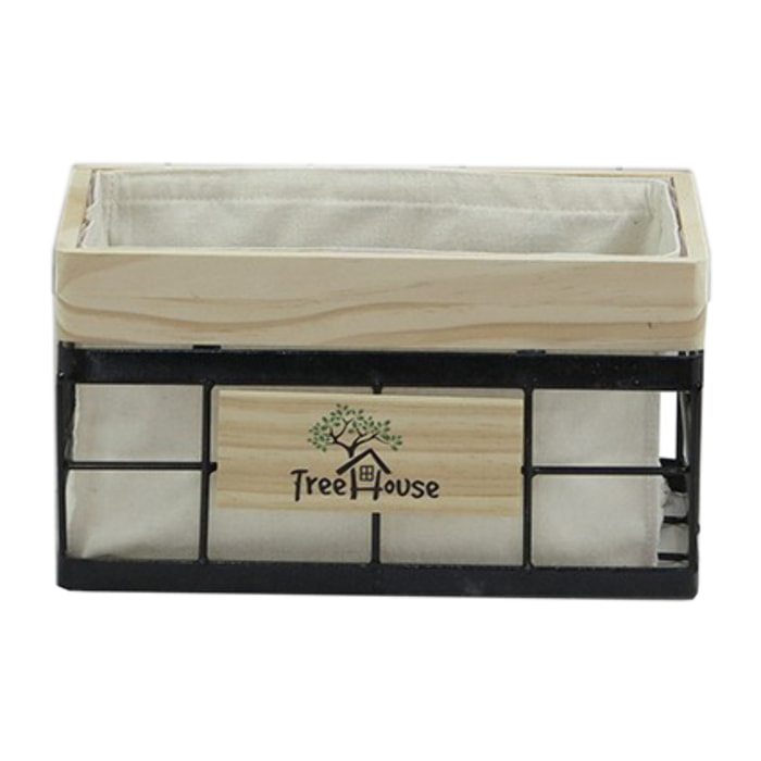 Corbeille rectangulaire fil de fer noir et bois - TREEZ