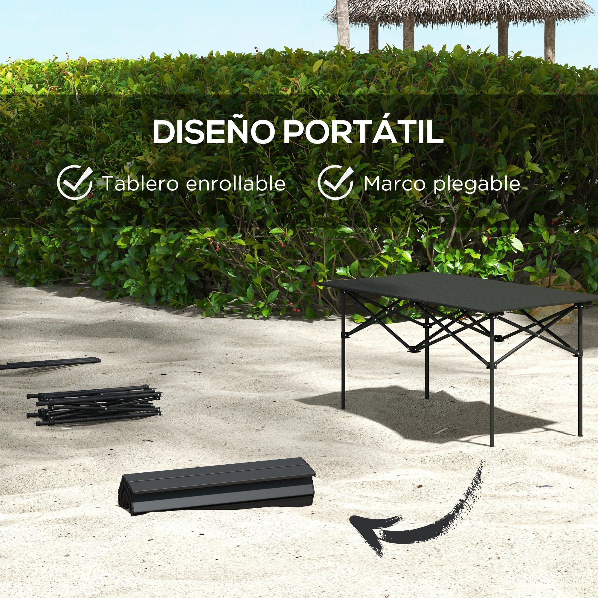 Mesa de Camping Plegable de Metal con Tapa Enrollable y Bolsa de Transporte Mesa de Picnic Portátil para Acampar Senderismo Playa Barbacoa 95x55x50 cm Negro