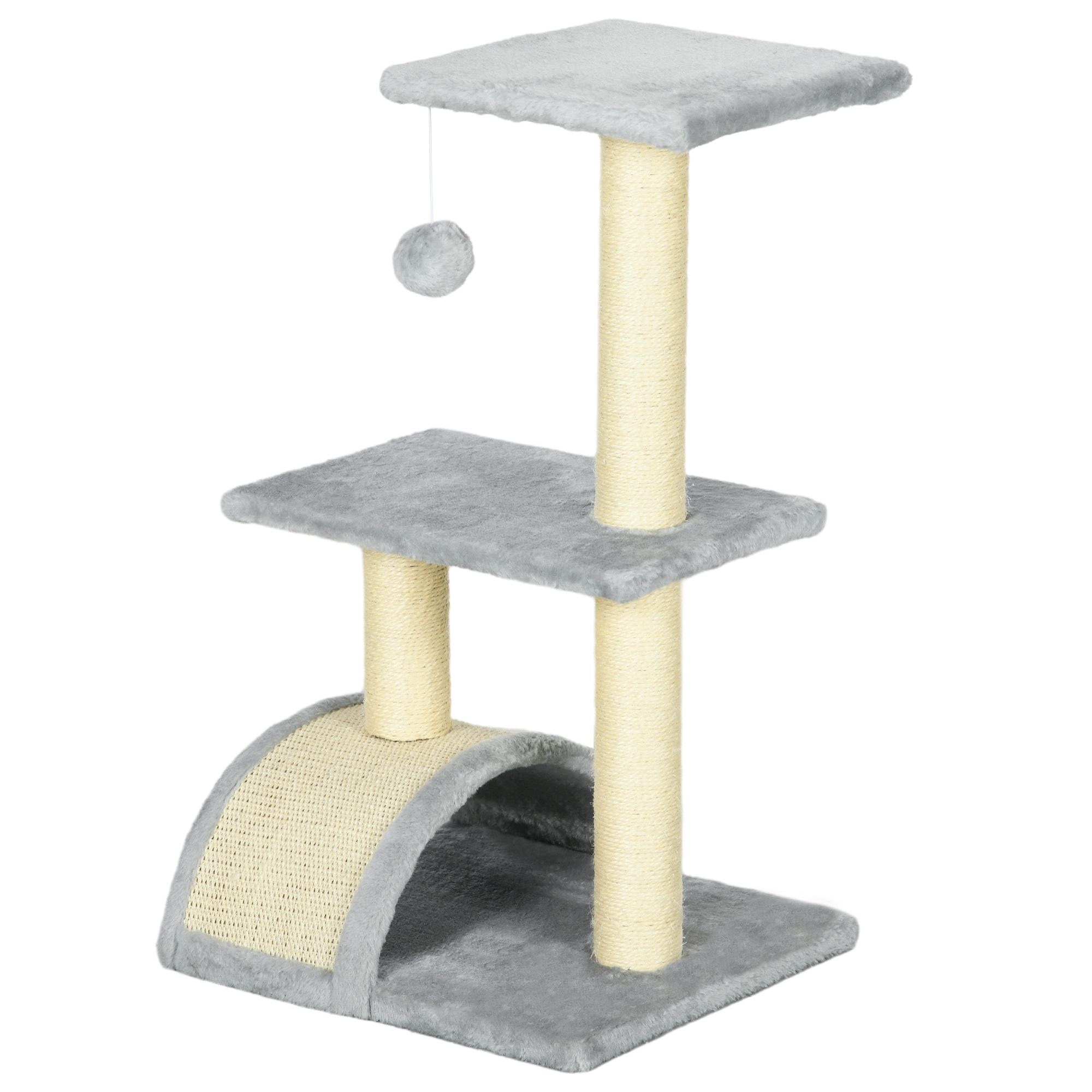 Arbre à chat griffoir grattoir design jeu boule suspendue 2 plateformes peluche sisal naturel gris clair