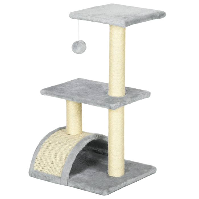 Arbre à chat griffoir grattoir design jeu boule suspendue 2 plateformes peluche sisal naturel gris clair
