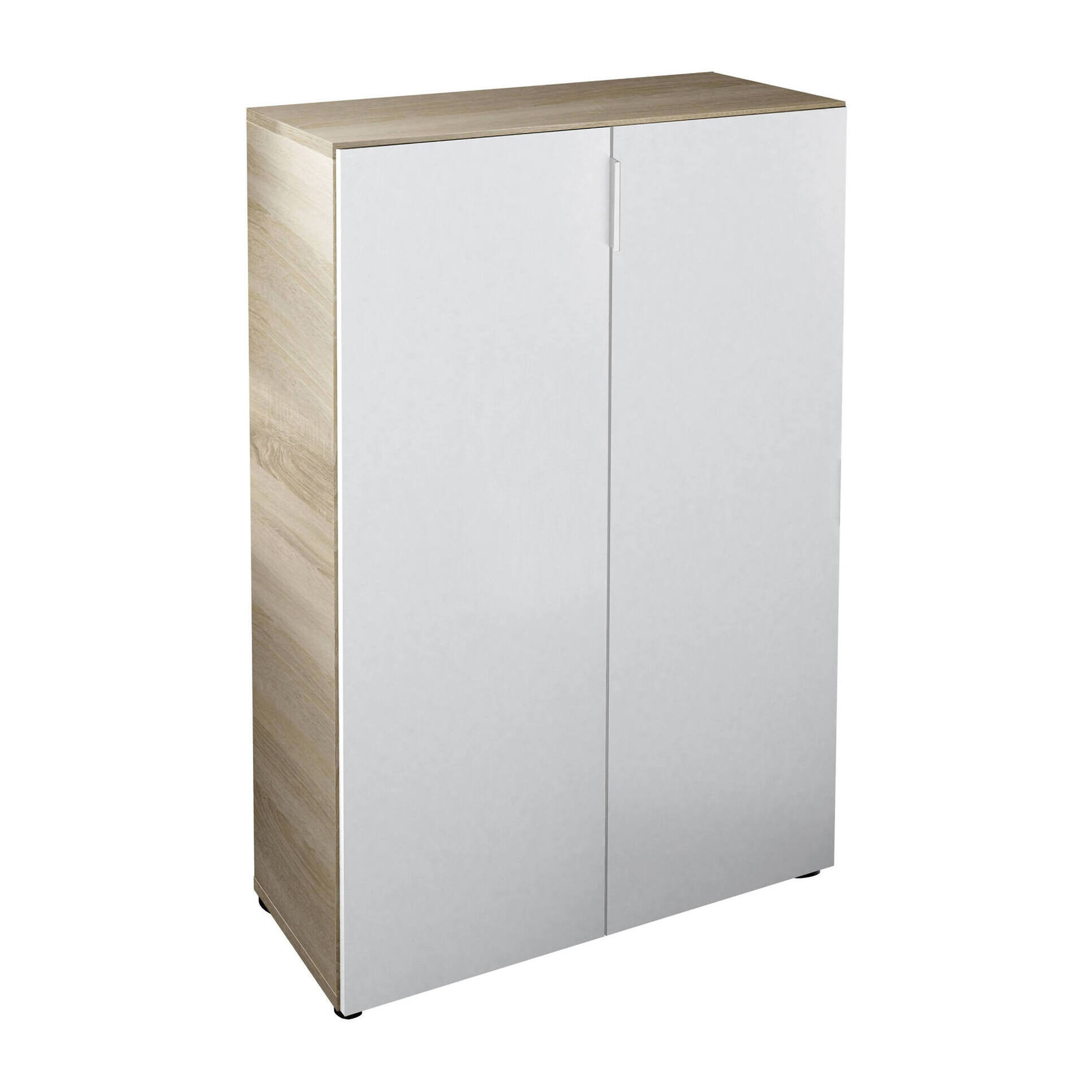 Armadio multiuso Olathe, Mobile ausiliario a 2 ante, Guardaroba basso portascarpe con 6 ripiani, Scarpiera bassa, cm 70x36h103, Rovere e Bianco