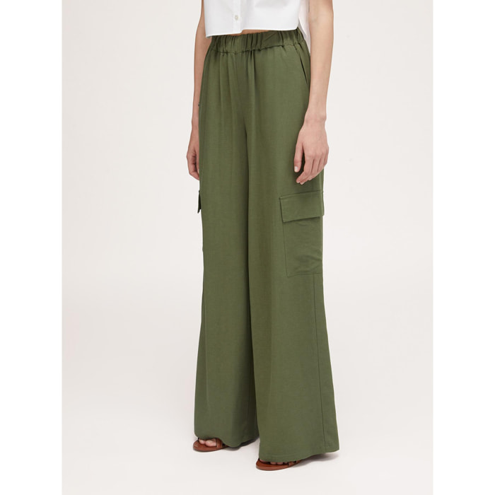 Motivi - Pantalón modelo palazzo cargo en mezcla de lino - Verde