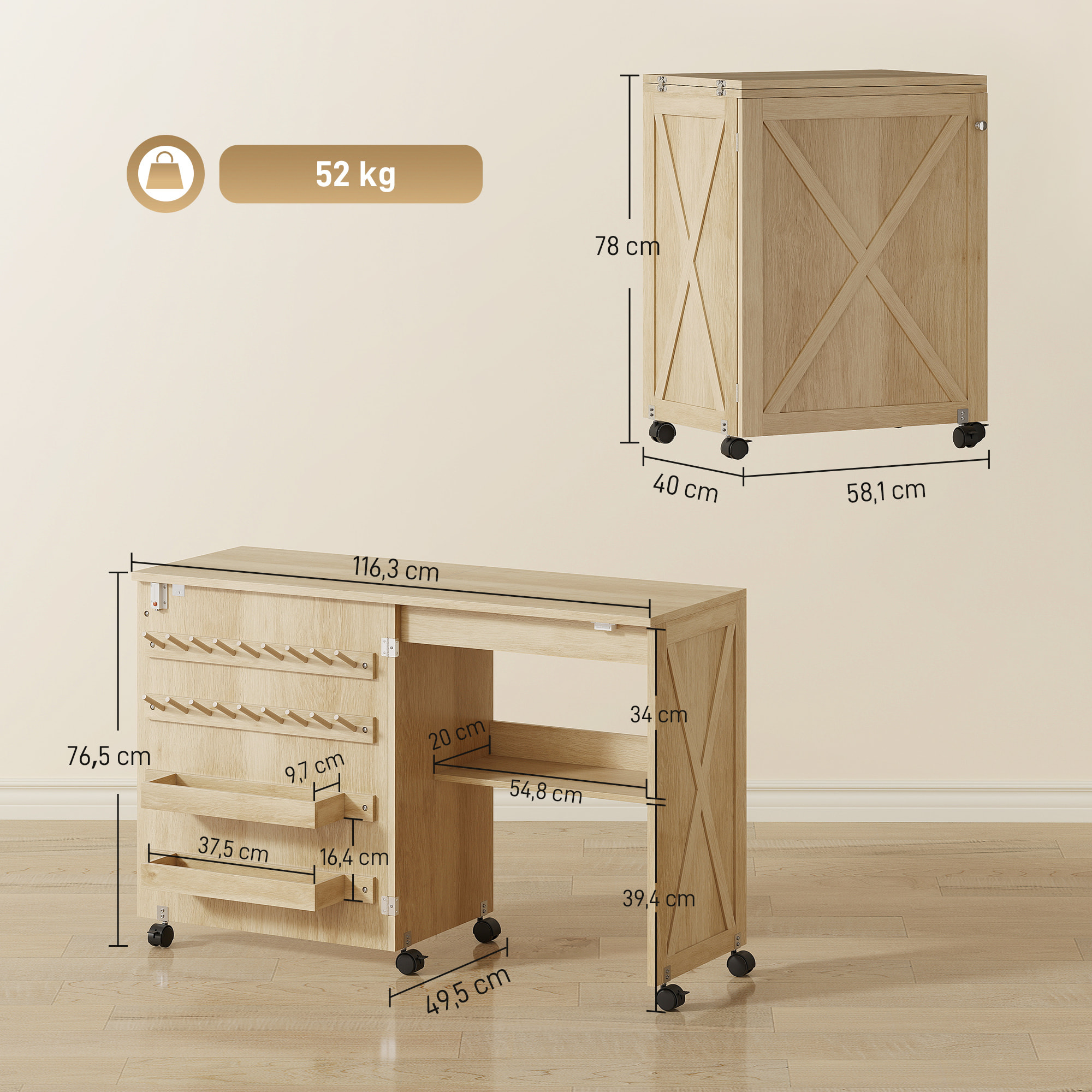 Table de couture pliable mobile 2 bacs 18 porte-bobines étagère naturel