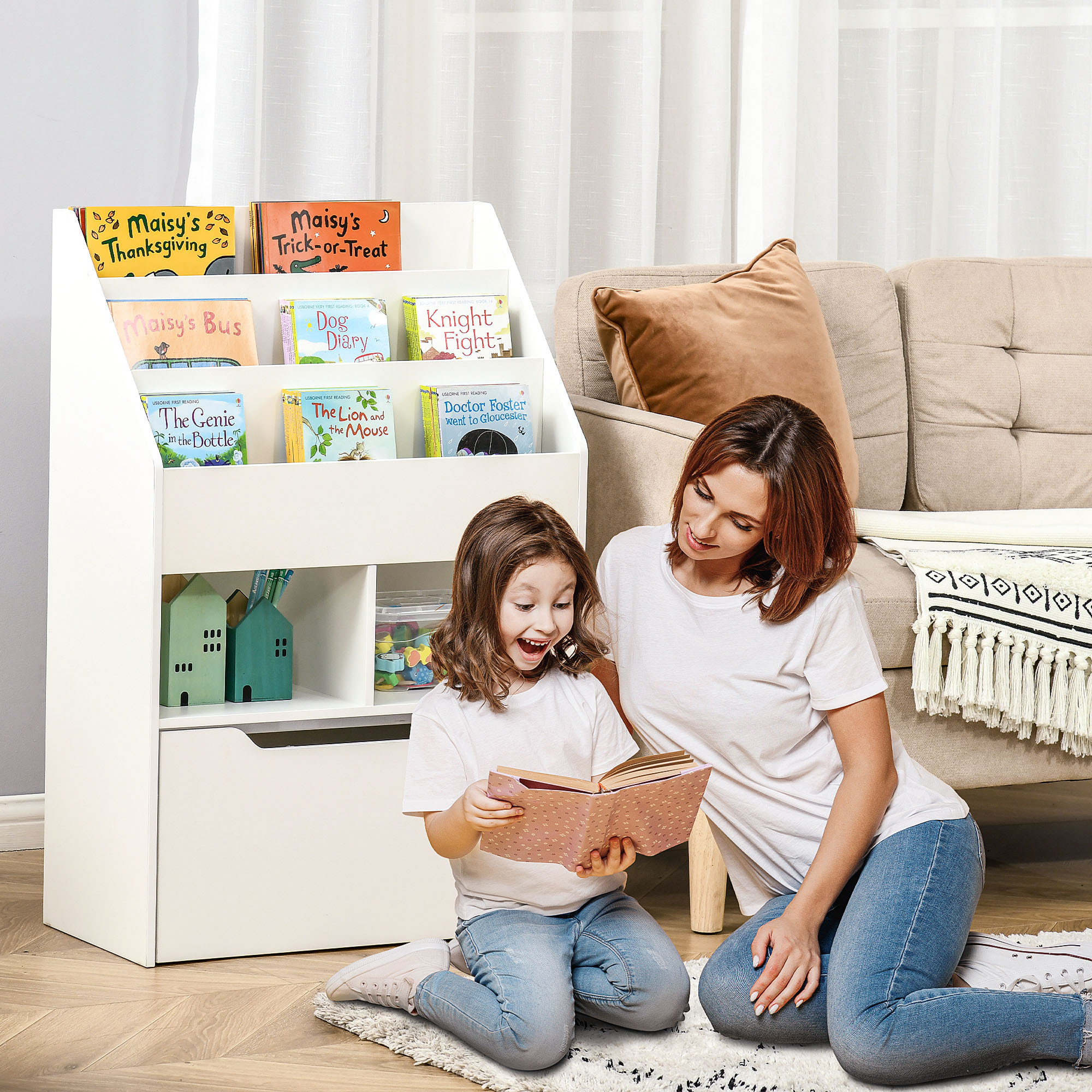 Estantería Infantil de Madera con 3 Compartimentos 2 Cubos y Cajón Móvil con 4 Ruedas Librería Infantil para Habitación de Niños Sala de Juegos 60x29,9x90 cm Blanco