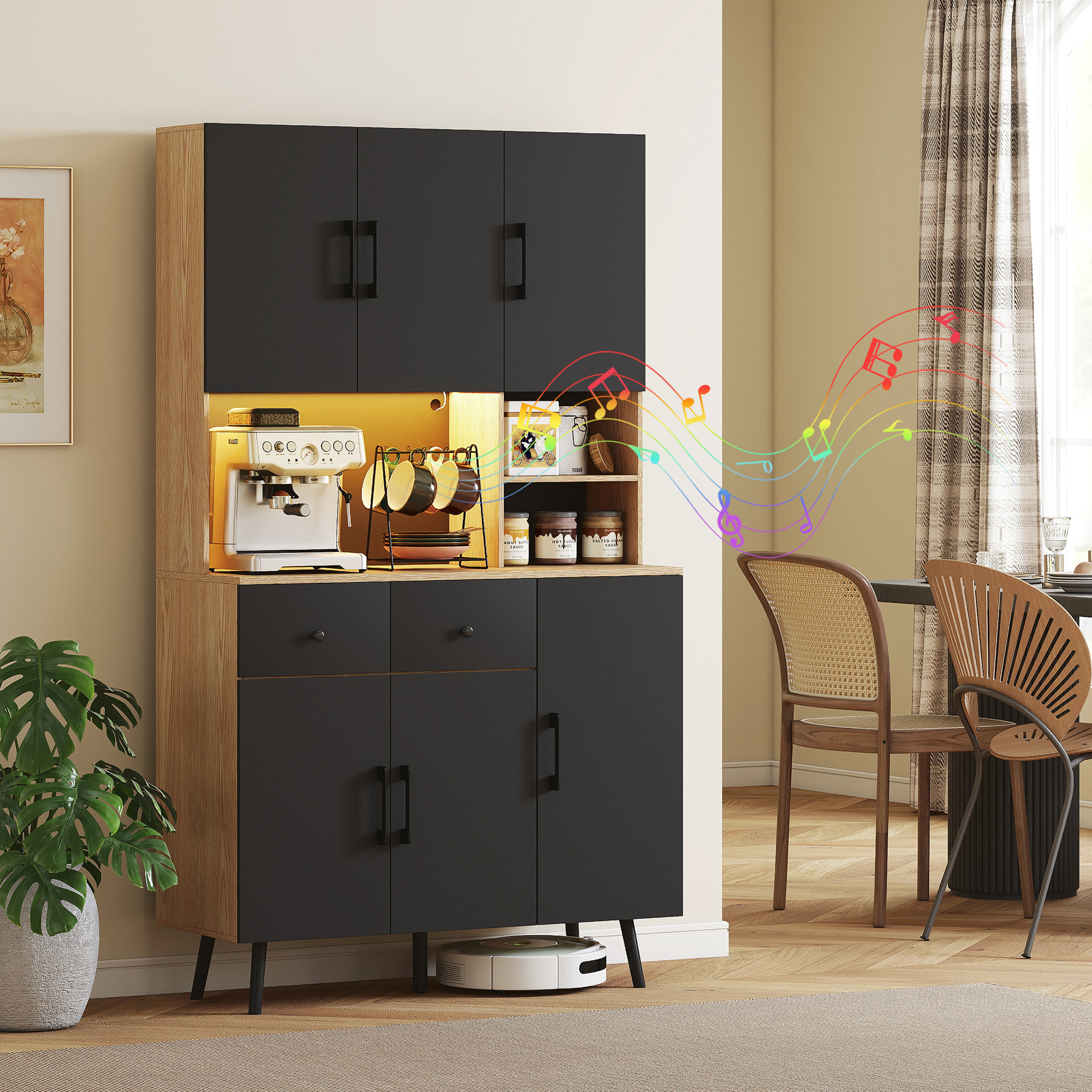 Alacena de Cocina Alta con Luces LED RGB Mueble Auxiliar de Cocina con 6 Puertas 2 Cajones Encimera y Orificio para Cables Estilo Moderno Negro y Roble 100x40x176 cm