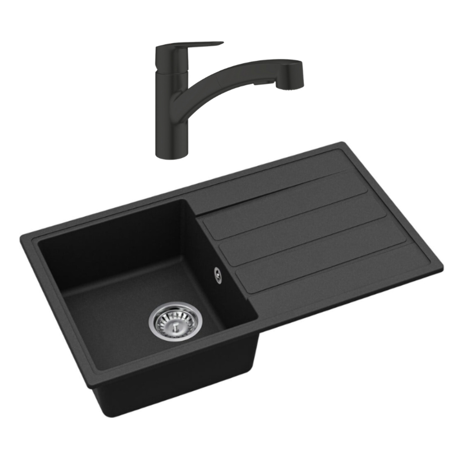 Evier avec égouttoir en granite à encastrer + mitigeur Grohe monocommande avec douchette 2 jets, noir mat (SATSINKGE3B-SET)