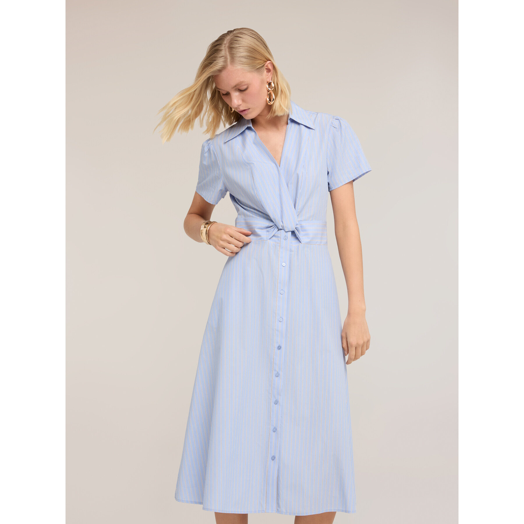 Motivi - Vestido camisero midi en popelina a rayas - Light - blue