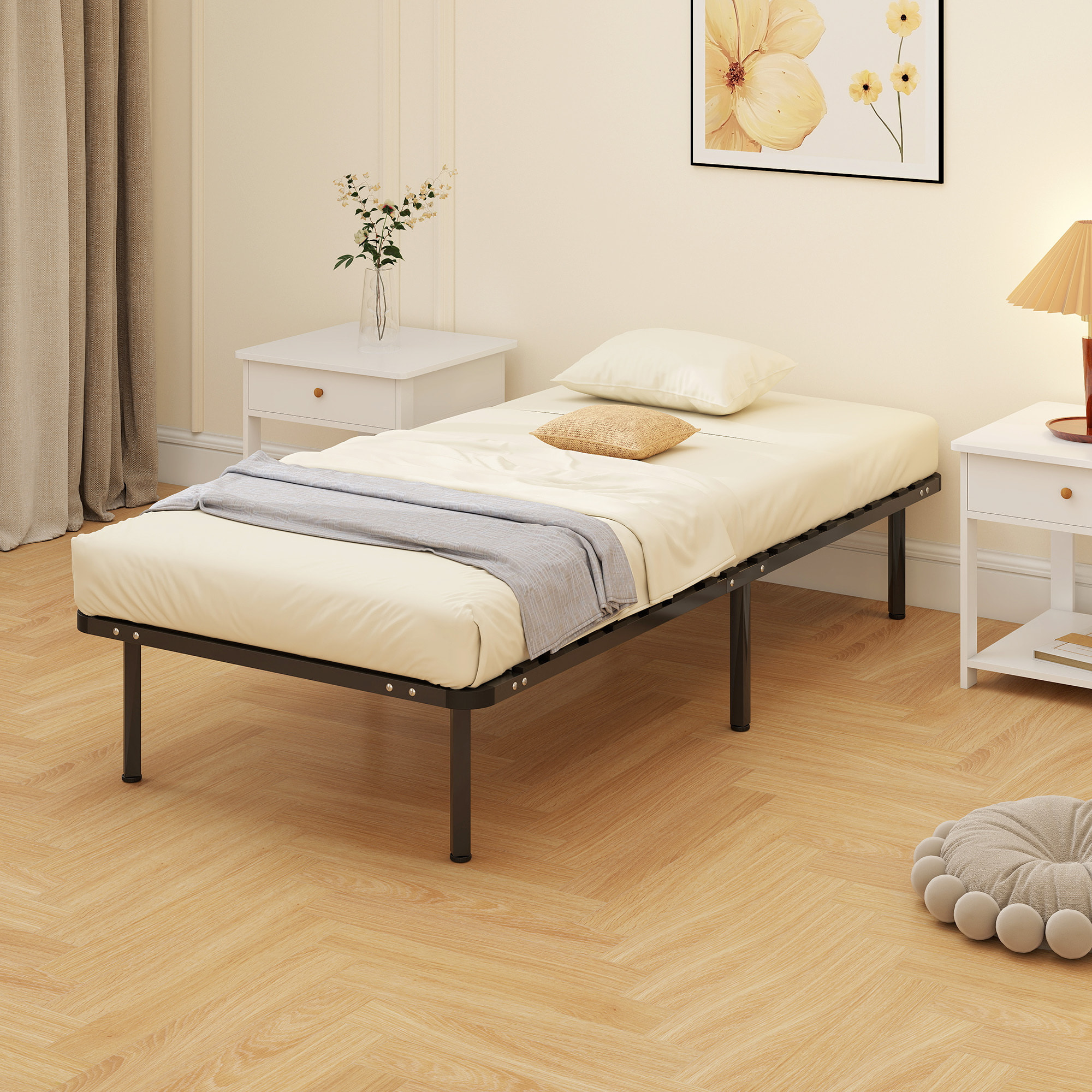 Somier 90x190 cm, Altura 26 cm, Estructura de Cama de Plataforma de Acero con Espacio de Almacenamiento Debajo y Láminas de Álamo, Fácil de Montar, Carga 300 kg, Negro