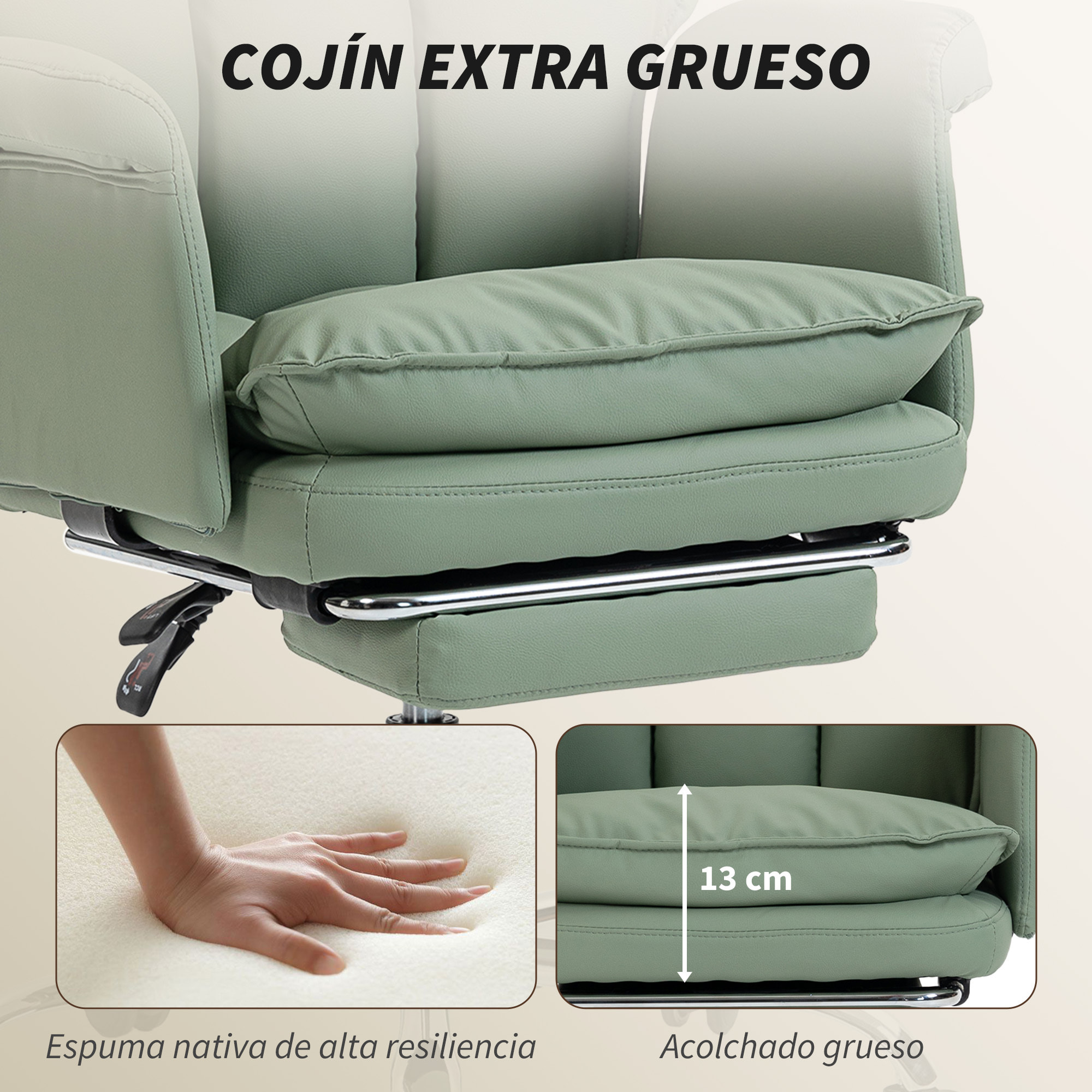 Silla de Escritorio con Reposapiés, Silla de Oficina Giratoria, con Respaldo Reclinable y Alto, Acolchado Grueso, Tapizada en Cuero Sintético, Soporte Lumbar, Altura Ajustable, Ruedas, Verde