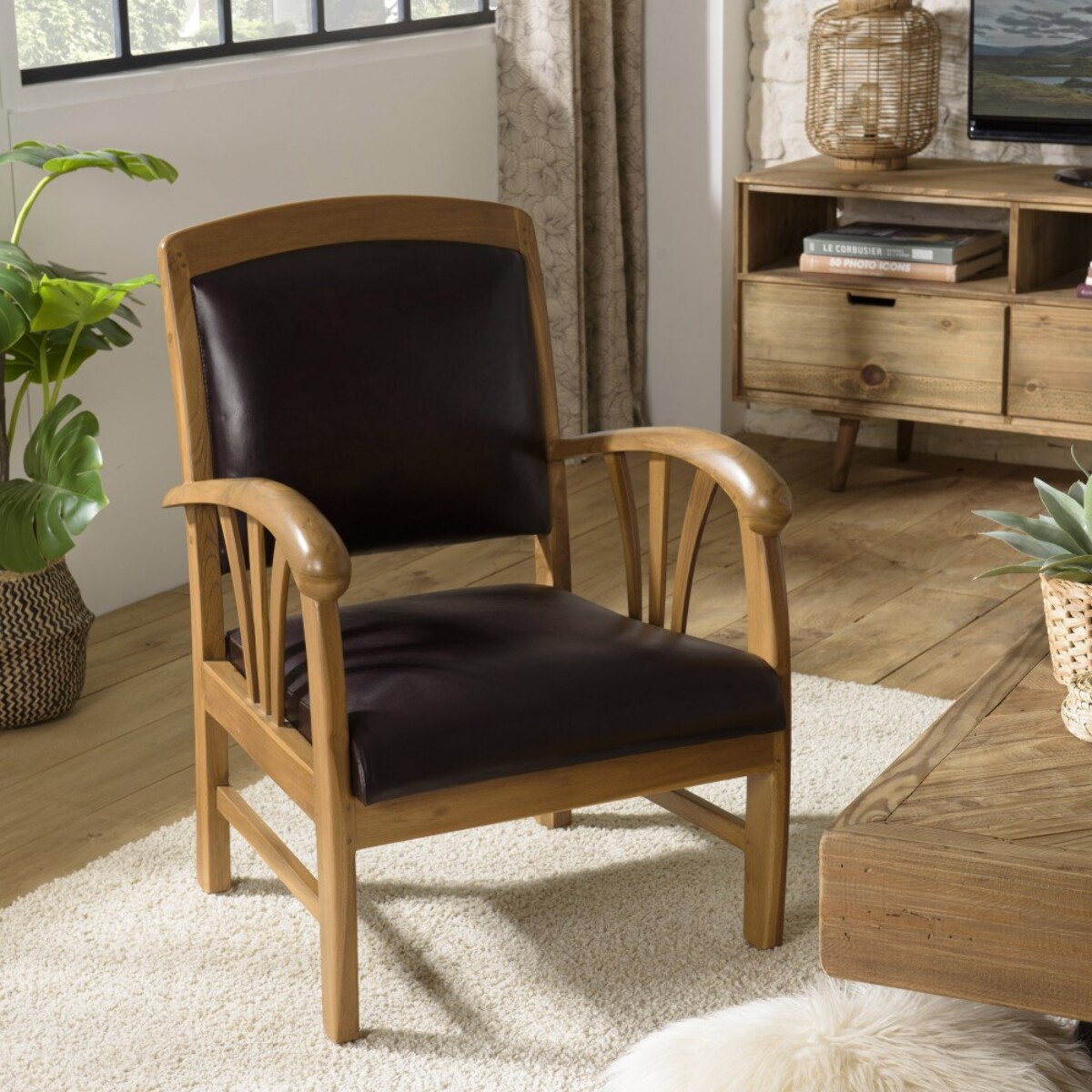 DAK - Fauteuil teck et cuir marron