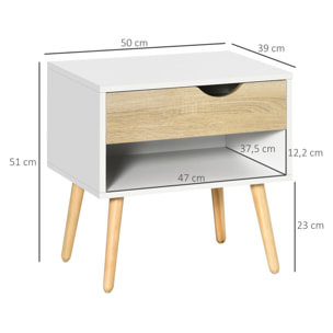 Set de 2 Mesitas de Noche Mesa Auxiliar con 1 Cajón y Estante de Almacenamiento para Dormitorio Salón Cama Oficina Estilo Moderno 50x39x51 cm Blanco y Roble