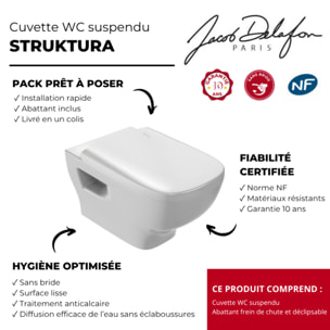 Cuvette WC suspendu sans bride Struktura avec abattant frein de chute et déclipsable