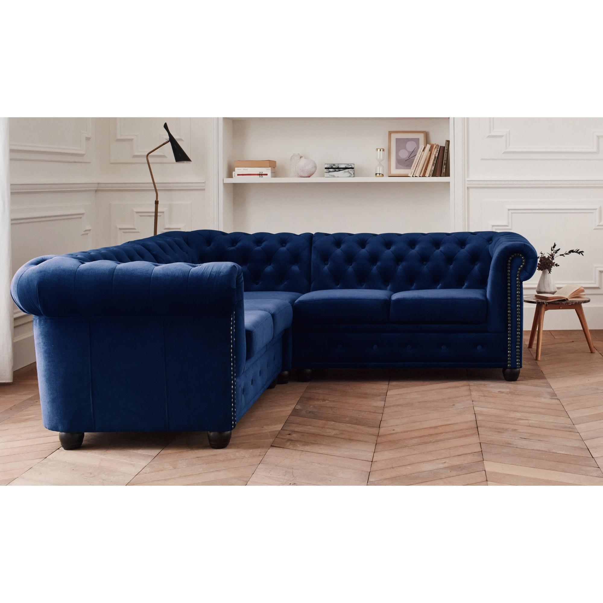 William - canapé Chesterfield d'angle réversible - 5 places - en velours - Bleu nuit