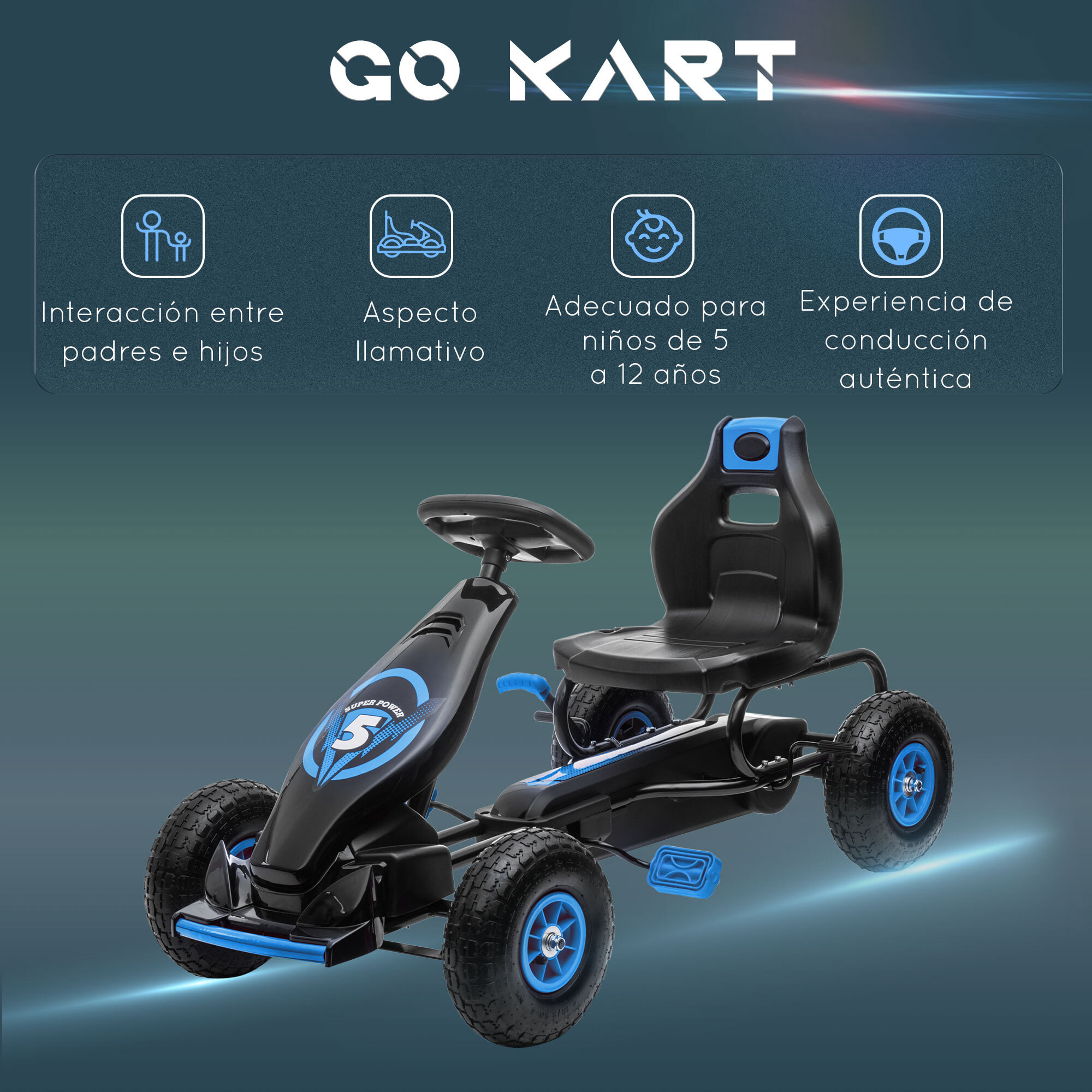 Coche Infantil de Pedales Go Kart a Pedales para Niños de 5-12 Años con Asiento Ajustable Neumáticos Inflables Amortiguador y Freno de Mano Carga 50 kg 121x58x61 cm Azul