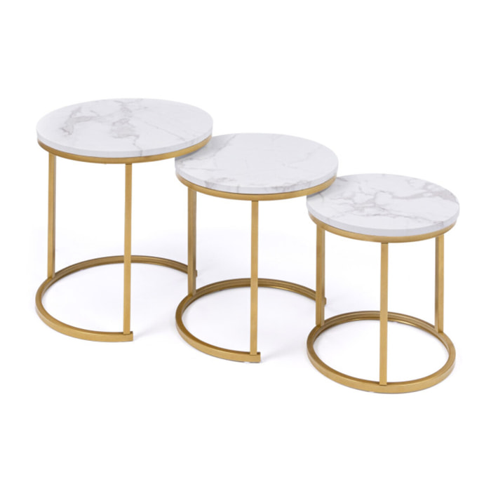 Tables basses gigognes Glam effet marbre blanc pieds dorés - lot de 3