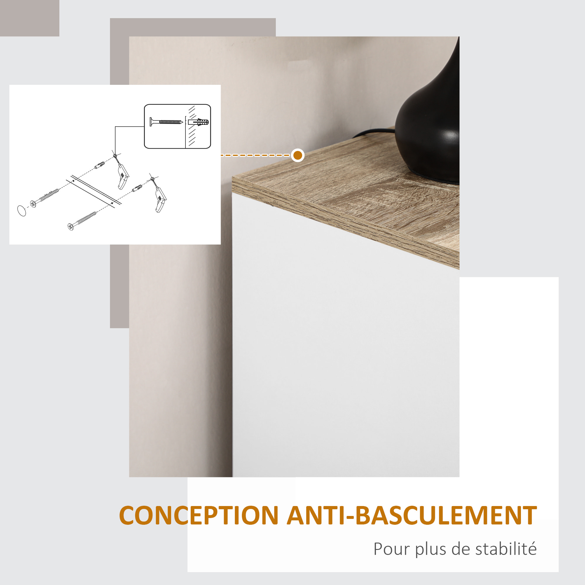 Buffet 2 portes 2 étagères bahut dim. 60 x 30 x 90 cm blanc effet bois clair