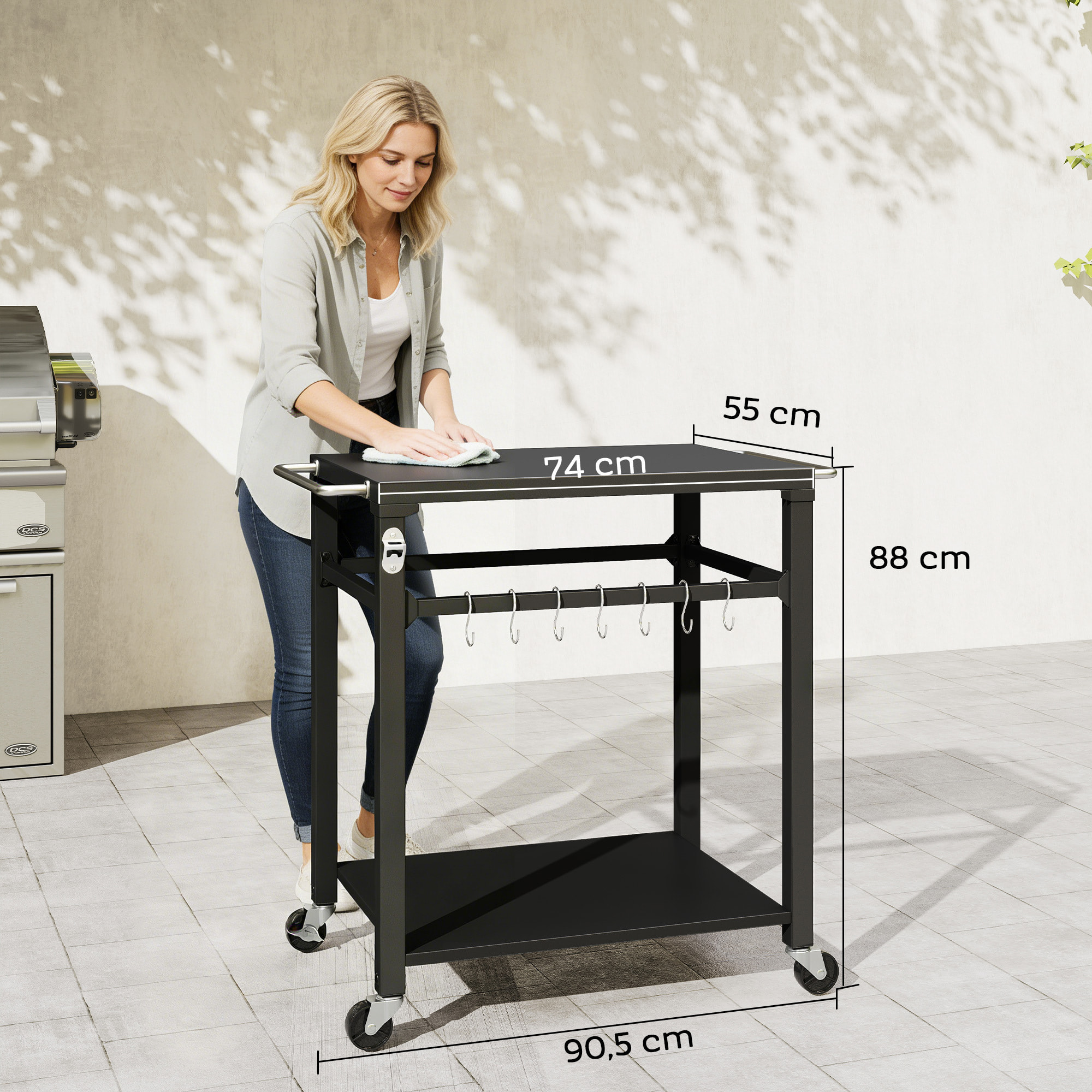 Desserte de jardin métal étagère 6 crochets 2 poignées décapsuleur noir