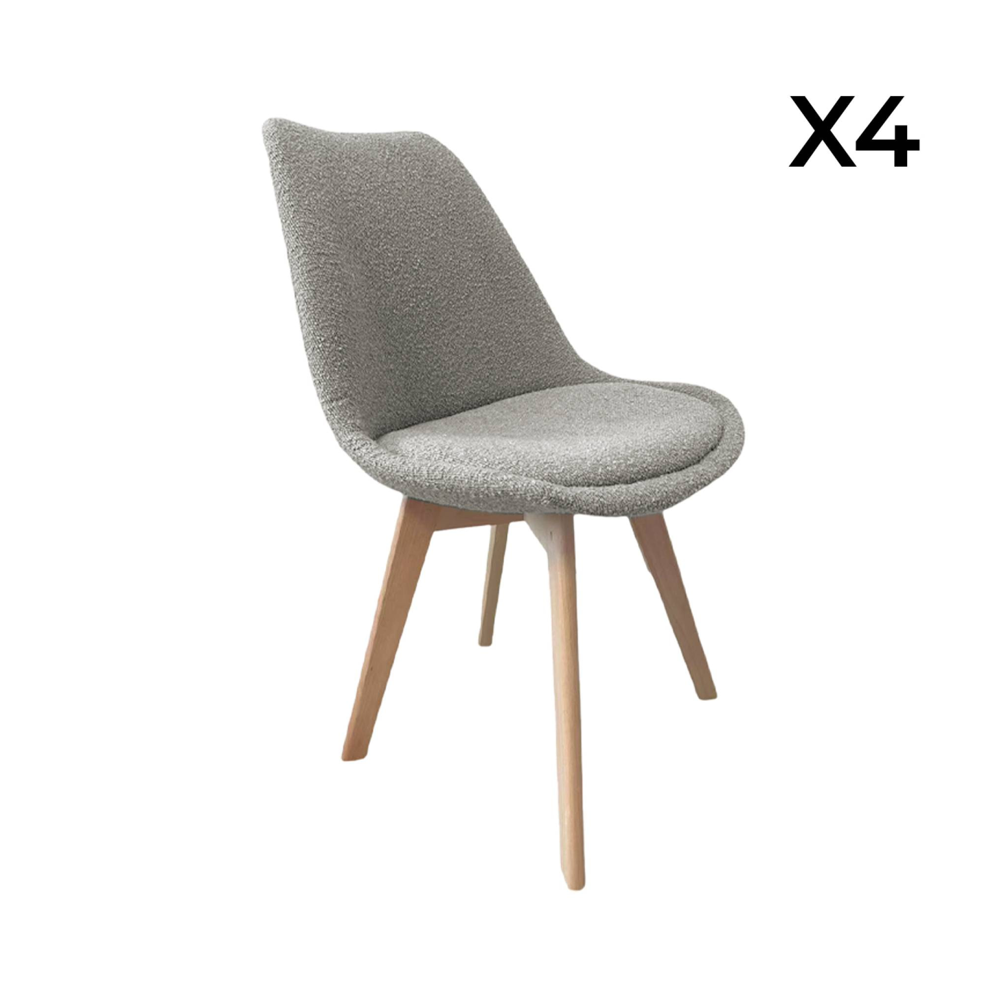 Lot de 4 chaises scandinaves revêtement bouclette texturée gris clair. pieds bois de hêtre - Nils